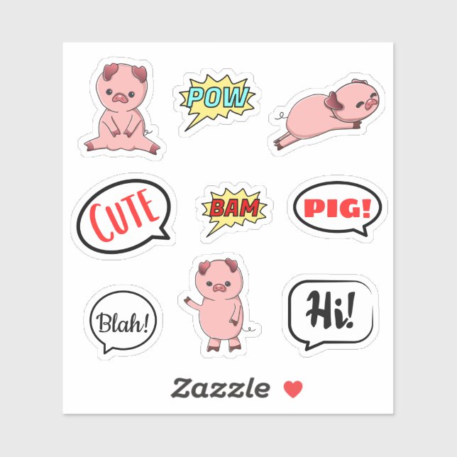 Cute Pig Pow Blah Hi Bubble Stickers (Sheet)