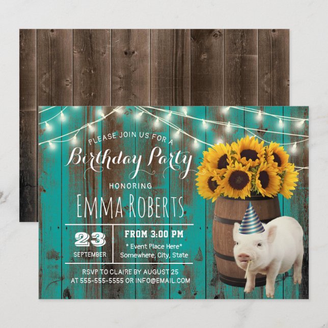 Cute Pig Rustic Sunflower Farm Animal Birthday Invitation (Front/Back)