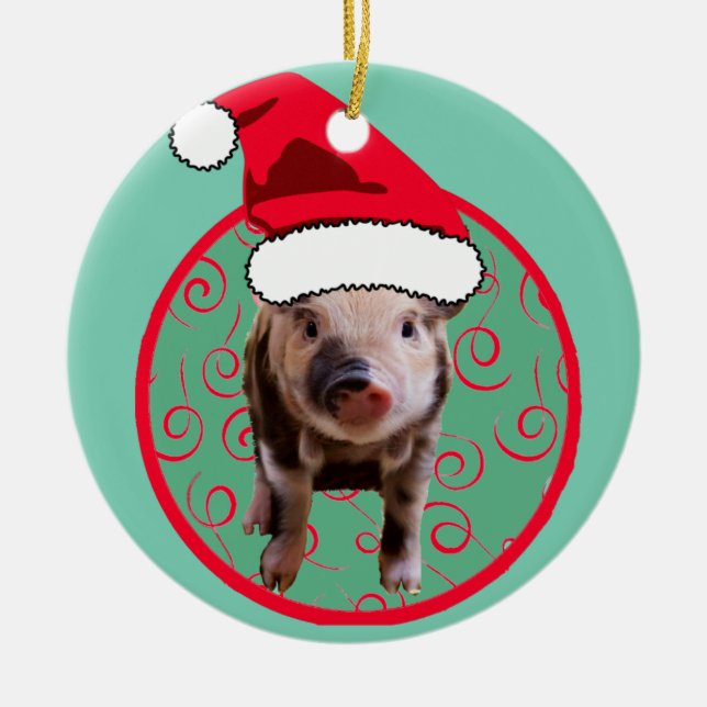 Cute Pig Santa - Teal and Red Ceramic Tree Decoration (Front)