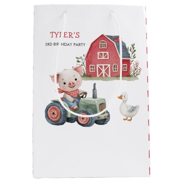 Cute Pig Tractor Farm Animal Birthday Party Medium Gift Bag (Front)