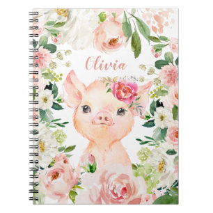 Cute Pig Wearing Mask with Blush Pink Flowers Notebook