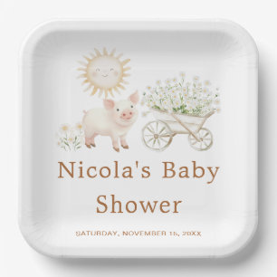 Cute Pig Wheelbarrow Baby Shower Baby Shower Paper Plate