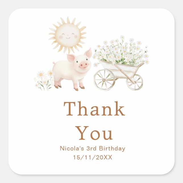 Cute Pig Wheelbarrow Birthday Party Square Sticker (Front)