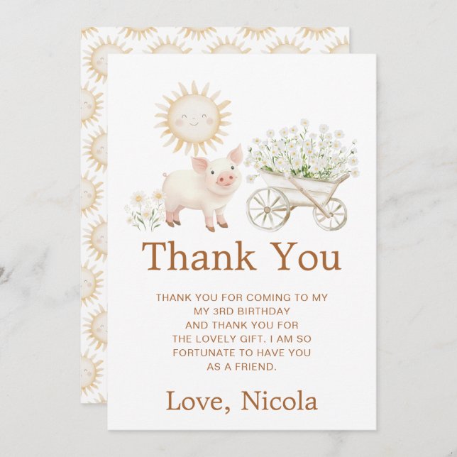 Cute Pig Wheelbarrow Birthday Thank You Card (Front/Back)