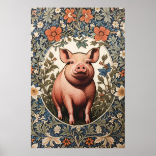 Cute Pig William Morris Inspired Poster