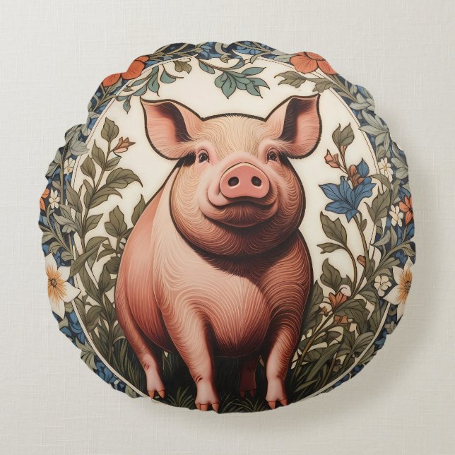 Cute Pig William Morris Inspired Round Cushion (Front)