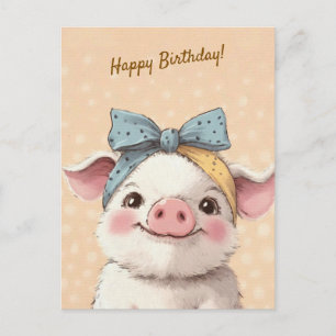 Cute Pig with Bandana Kids Birthday Invitation Postcard