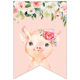 Cute Pig with Blush Pink Flowers Happy Birthday Bunting