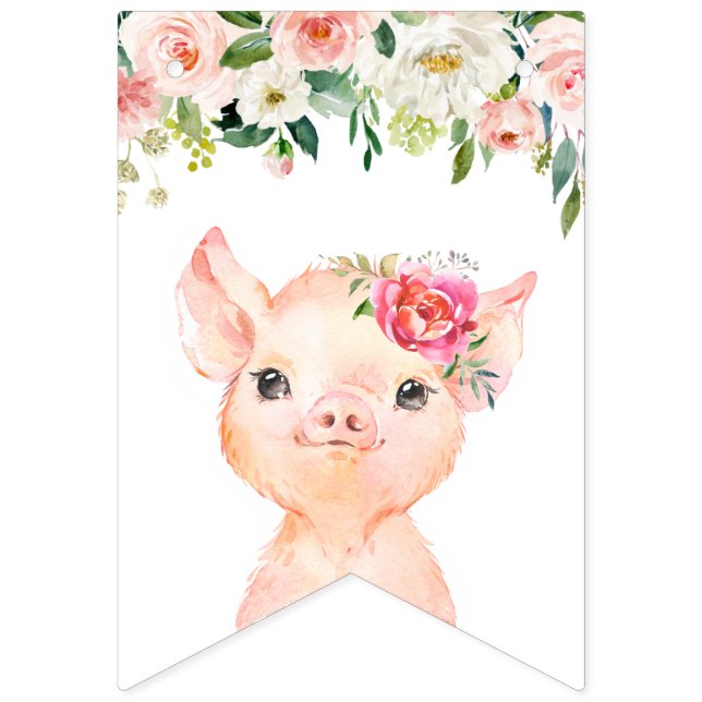 Cute Pig with Blush Pink Flowers Happy Birthday Bunting (First Flag)