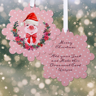 Cute Pig With Bow Wreath Polka Dots Pink Christmas Tree Decoration Card