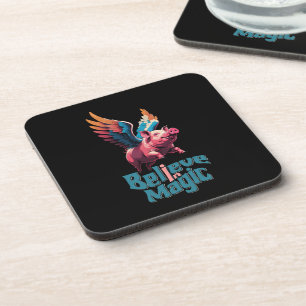 Cute Pig with Colourful wings Believe in Magic Coaster