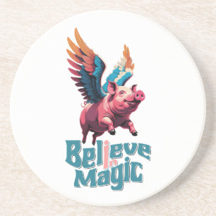 Cute Pig with Colourful wings   Believe in Magic  Coaster