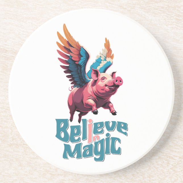 Cute Pig with Colourful wings | Believe in Magic  Coaster (Front)