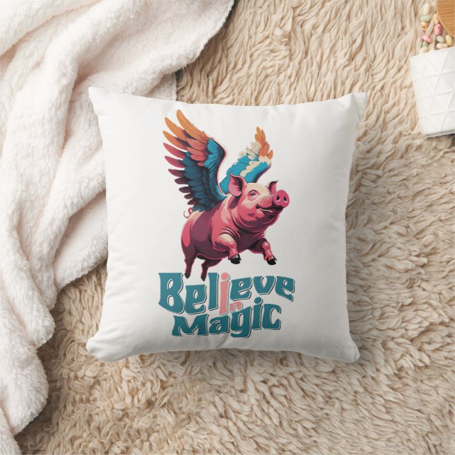 Cute Pig with Colourful wings | Believe in Magic  Cushion (Blanket)