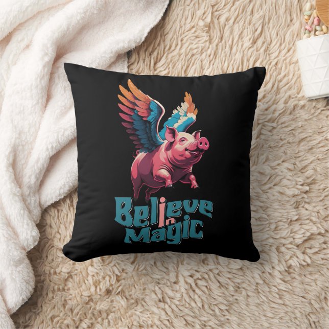 Cute Pig with Colourful wings | Believe in Magic  Cushion (Blanket)