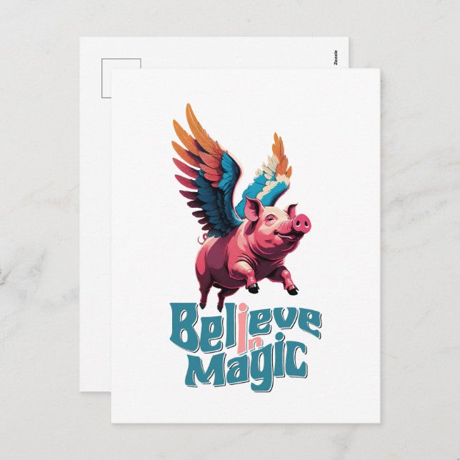 Cute Pig with Colourful wings | Believe in Magic  Holiday Postcard (Front/Back)