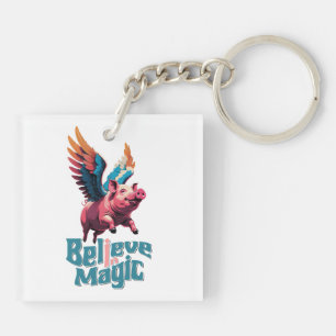Cute Pig with Colourful wings   Believe in Magic  Key Ring