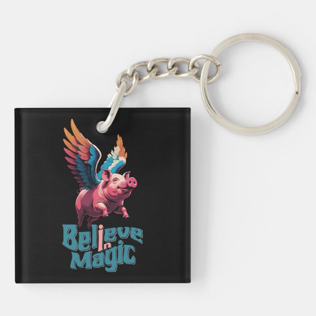 Cute Pig with Colourful wings | Believe in Magic  Key Ring (Back)