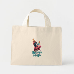 Cute Pig with Colourful wings Believe in Magic Mini Tote Bag