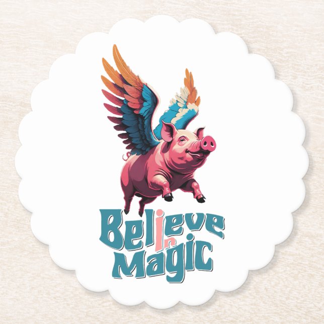 Cute Pig with Colourful wings | Believe in Magic  Paper Coaster (Front)