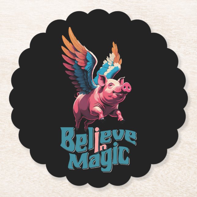 Cute Pig with Colourful wings | Believe in Magic  Paper Coaster (Front)