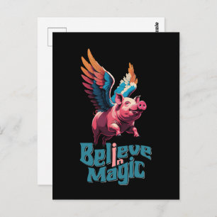 Cute Pig with Colourful wings Believe in Magic Postcard