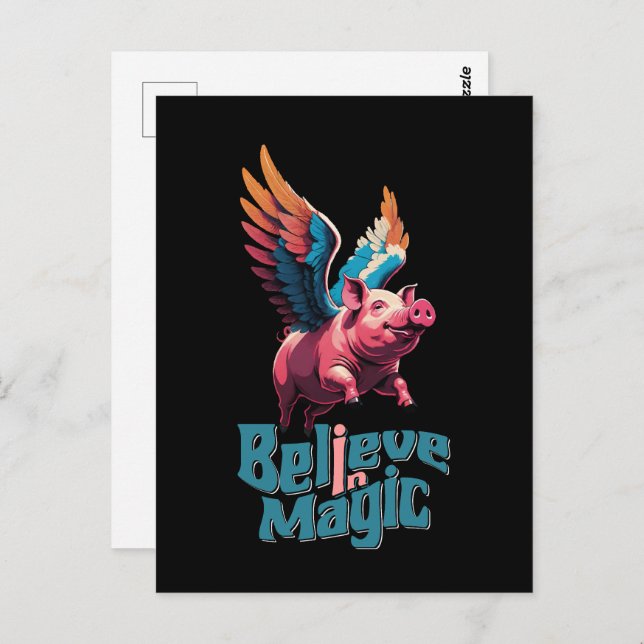 Cute Pig with Colourful wings | Believe in Magic  Postcard (Front/Back)
