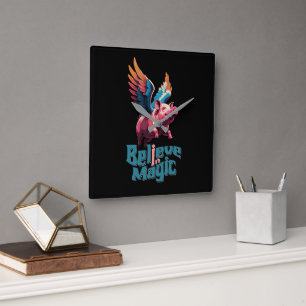Cute Pig with Colourful wings Believe in Magic Square Wall Clock