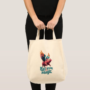 Cute Pig with Colourful wings Believe in Magic Tote Bag