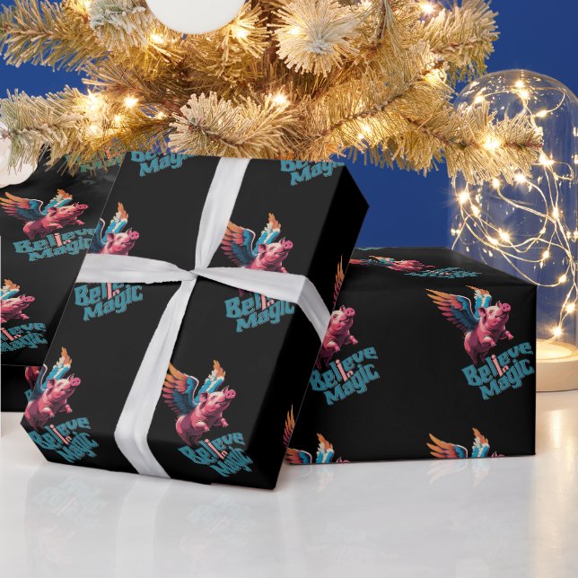 Cute Pig with Colourful wings | Believe in Magic  Wrapping Paper (Holidays)