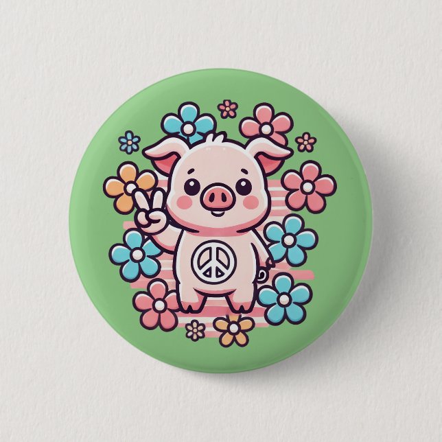 Cute Pig with Peace Sign & 70's Themed Flowers 6 Cm Round Badge (Front)
