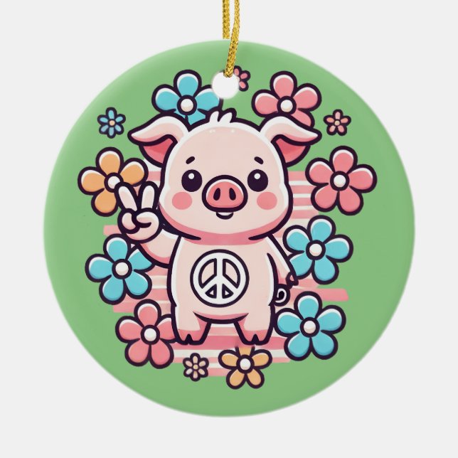 Cute Pig with Peace Sign & 70's Themed Flowers Ceramic Tree Decoration (Front)