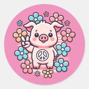 Cute Pig with Peace Sign & 70's Themed Flowers Classic Round Sticker