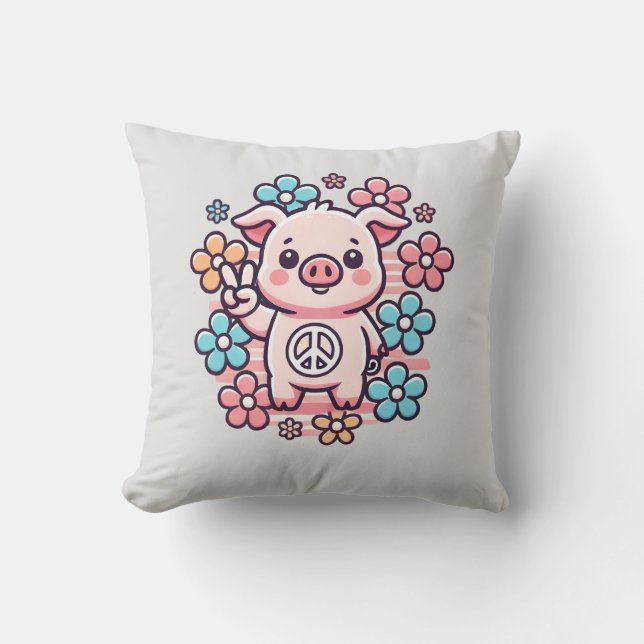 Cute Pig with Peace Sign & 70's Themed Flowers Cushion (Front)