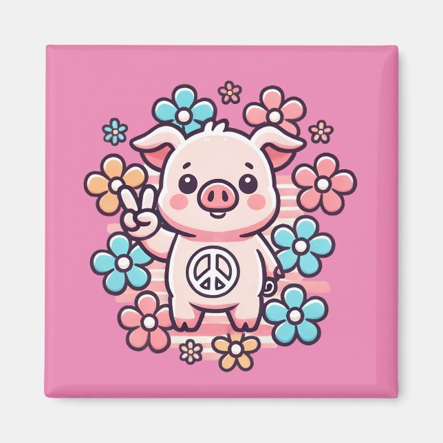 Cute Pig with Peace Sign & 70's Themed Flowers Magnet (Front)