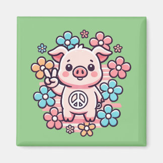 Cute Pig with Peace Sign & 70's Themed Flowers Magnet