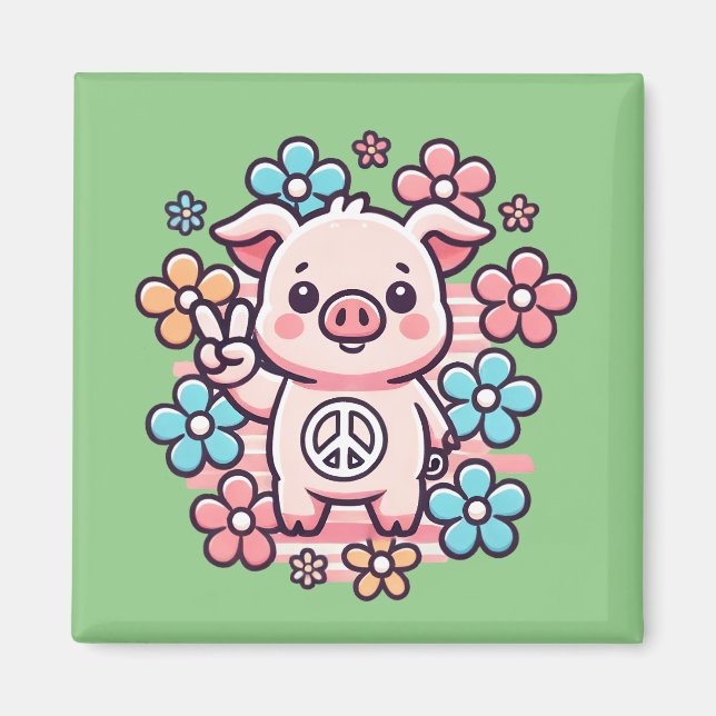 Cute Pig with Peace Sign & 70's Themed Flowers Magnet (Front)