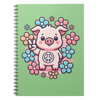 Cute Pig with Peace Sign & 70's Themed Flowers Notebook