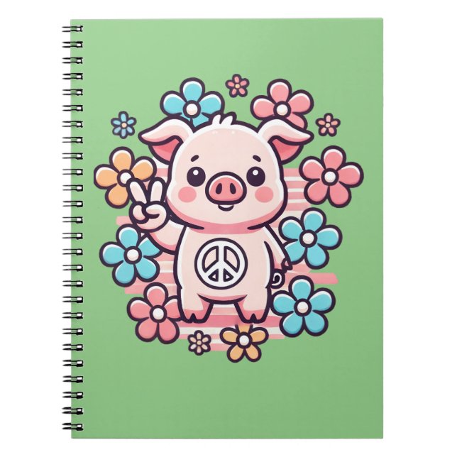 Cute Pig with Peace Sign & 70's Themed Flowers Notebook (Front)