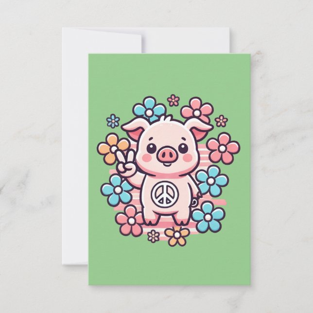 Cute Pig with Peace Sign & 70's Themed Flowers Thank You Card (Front)