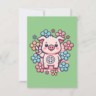 Cute Pig with Peace Sign & 70's Themed Flowers Thank You Card