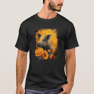 Cute pig with sunflower portrait orange and black T-Shirt