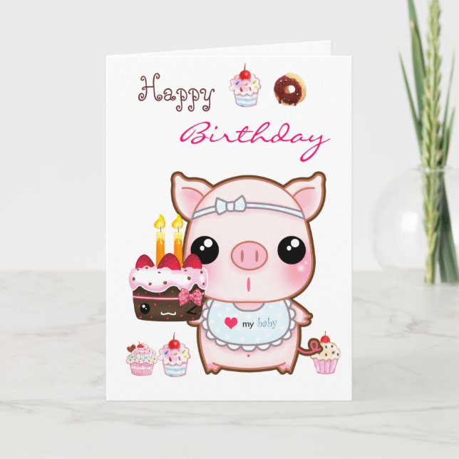 Cute piggy and kawaii cakes - Happy birthday card (Front)