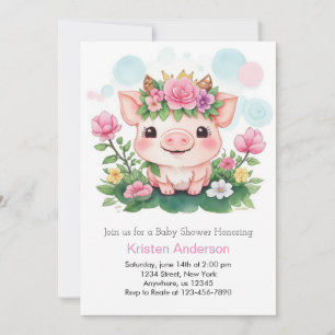 Cute Piggy and Wildflowers Girl Baby Shower Invitation