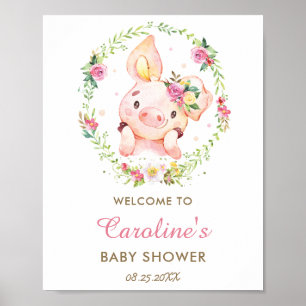 Cute Piggy Pig Pink Floral Baby Shower Welcome Poster