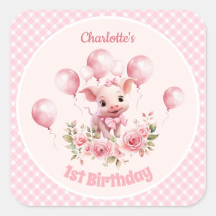 Cute Piggy Pink Farm Girl 1st Birthday Stickers