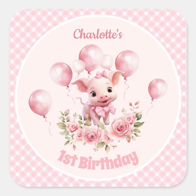 Cute Piggy Pink Farm Girl 1st Birthday Stickers (Front)