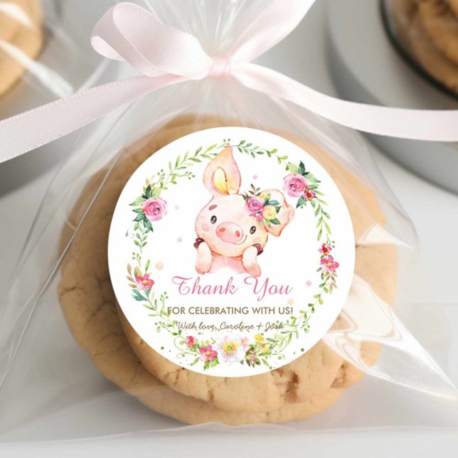 Cute Piggy Pink Floral Baby Shower Birthday Favour Classic Round Sticker (Creator Uploaded)