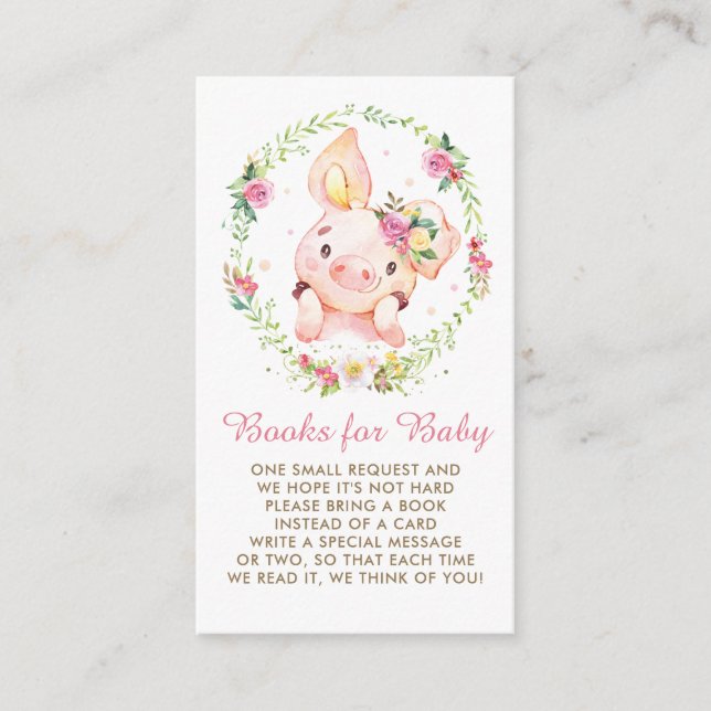 Cute Piggy Pink Floral Baby Shower Bring a Book Enclosure Card (Front)
