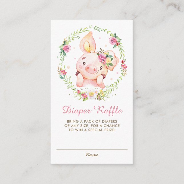 Cute Piggy Pink Floral Baby Shower Diaper Raffle  Enclosure Card (Front)